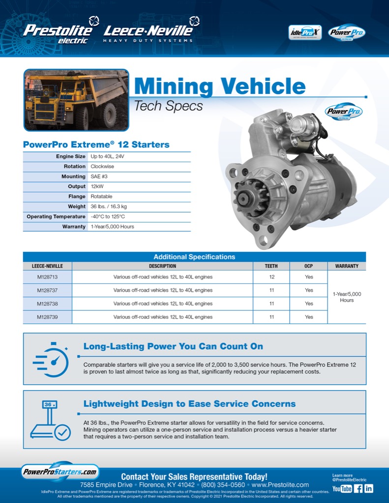 Prestolite Leece-Neville Mining Tech Specs Flyer